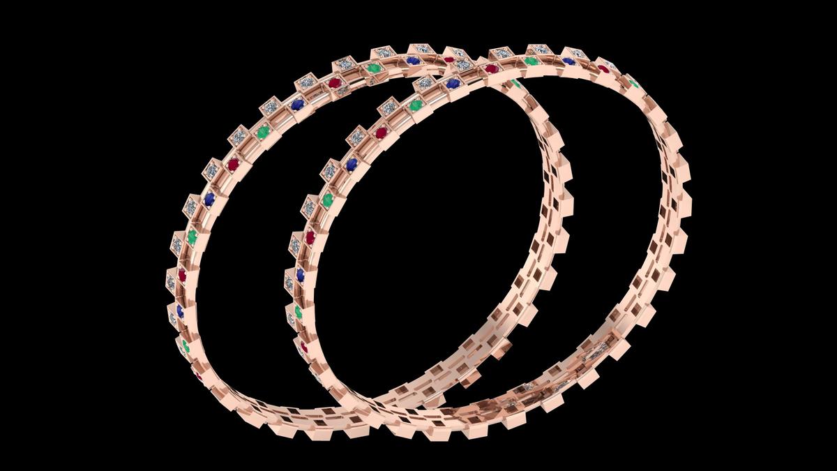 Certified 4.34 Ctw SI2/I1 Multi Emerald,Ruby,Sapphire And Diamond 14K Rose Gold Bangles