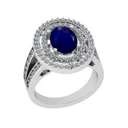 2.67 Ctw SI2/I1 Blue Sapphire And Diamond 14K White Gold two Row Engagement Halo Ring