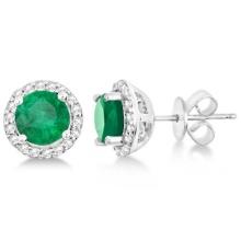 Ladies Emerald and Diamond Halo Stud Earrings in 14k white gold 1.77ctw