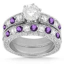 Antique style Diamond and Amethyst Bridal Set 14k White Gold 1.80ctw