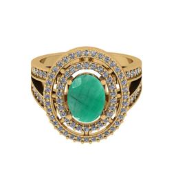 2.67 Ctw SI2/I1 Emerald And Diamond 14K Yellow Gold two Row Engagement Halo Ring