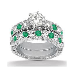 Antique style Diamond and Emerald Bridal Set 14k White Gold 1.75ctw