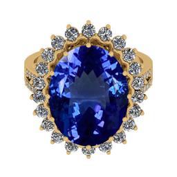 Certified 9.27 Ctw VS/SI1 Tanzanite And Diamond 14K Yellow Gold Victorian Style Engagement Halo Ring