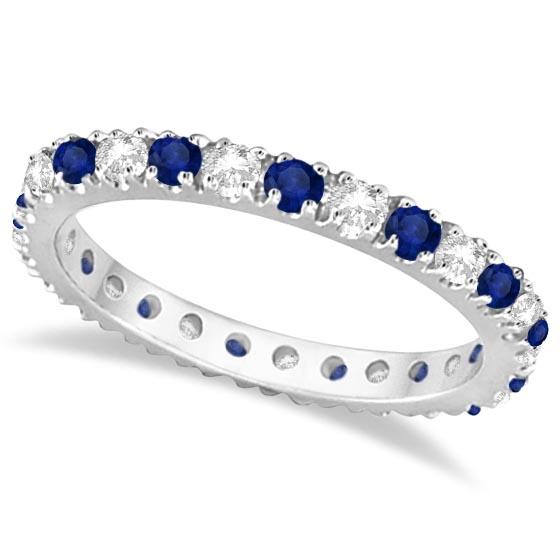 Diamond and Blue Sapphire Eternity Band Ring Guard 14K White Gold 0.51ctw