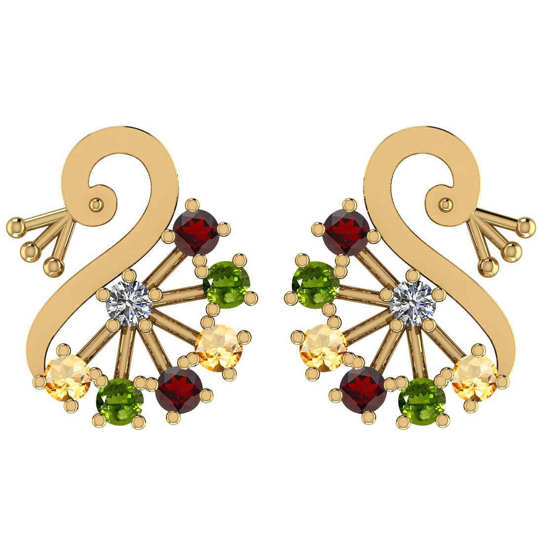 Certified 0.95 Ctw Garnet, Peridot, Citrine And Diamond I1/I2 14K Yellow Gold Stud Earrings