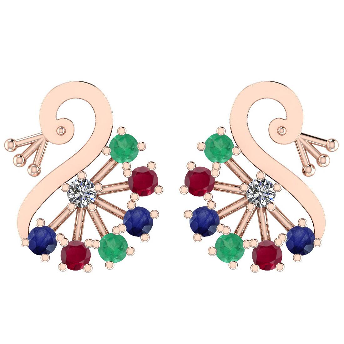 Certified 0.95 Ctw Emerald, Ruby, Sapphire And Diamond I1/I2 14K Rose Gold Stud Earrings