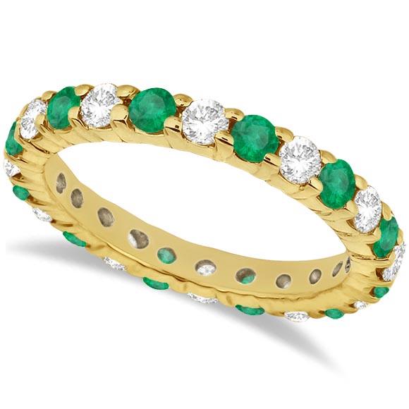 Eternity Diamond and Emerald Ring Band 14k Yellow Gold 2.35ctw