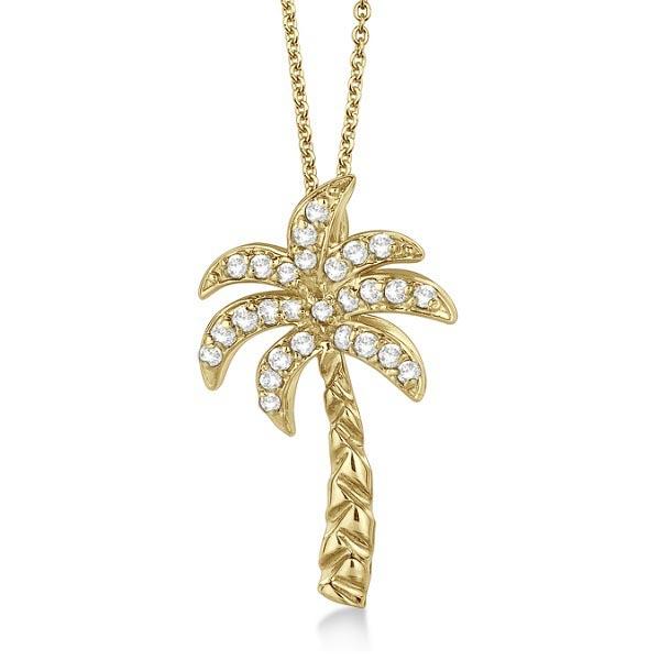 Palm Tree Shaped Diamond Pendant Necklace 14k Yellow Gold 0.25ctw