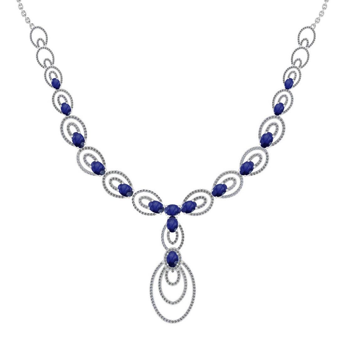 23.80 Ctw SI2/I1 Blue Sapphire And Diamond 14K White Gold Victorian Style Necklace