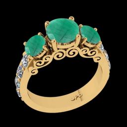 3.05 Ctw VS/SI1 Emerald And Diamond Prong Set 14K Yellow Gold three Stone Ring