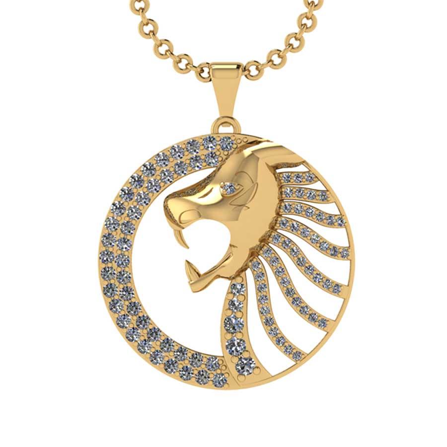 1.64 Ctw SI2/I1 Diamond 14K Yellow Gold Lion Pendant Necklace