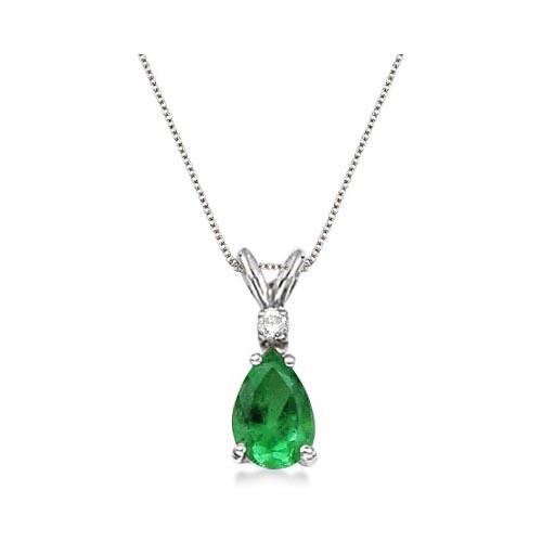 Pear Emerald and Diamond Solitaire Pendant Necklace 14k White Gold