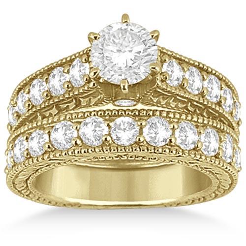 Antique style Diamond Wedding and Engagement Ring Set 14k Yellow Gold 2.15ctw