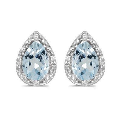 Pear Aquamarine and Diamond Stud Earrings 14k White Gold 1.20ctw