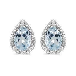 Pear Aquamarine and Diamond Stud Earrings 14k White Gold 1.20ctw