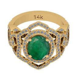 3.78 Ctw VS/SI1 Emerald And Diamond 18K Yellow Gold Vintage Style Ring