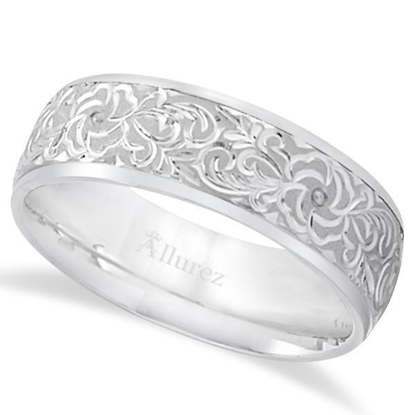 Hand-Engraved Flower Wedding Ring Wide Band Platinum 7mm