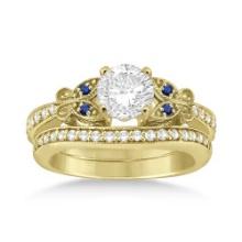 Butterfly Diamond and Blue Sapphire Bridal Set 14k Yellow Gold 0.92ctw