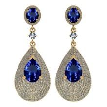 Certified 16.50 Ctw VS/SI1 Tanzanite And Diamond 14k Yellow Gold Vingate Style Dangling Earrings