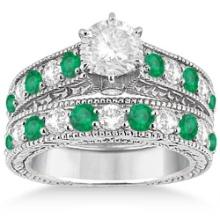 Antique style Diamond and Emerald Bridal Ring Set 18k White Gold 2.51ctw