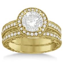 Filigree Halo Engagement Ring and Wedding Band 14kt Yellow Gold 1.50ctw