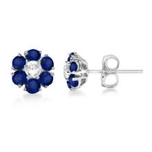 Diamond and Sapphire Flower Cluster Earrings 14K White Gold 1.91ctw