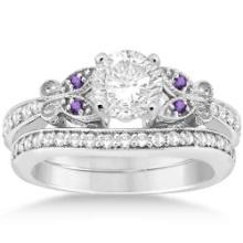 Butterfly Diamond and Amethyst Bridal Set 14k White Gold 1.42ctw