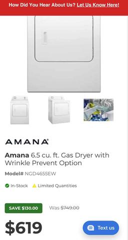 Amana 6.5 CU. FT. GAS DRYER WITH WRINKLE PREVENT OPTION