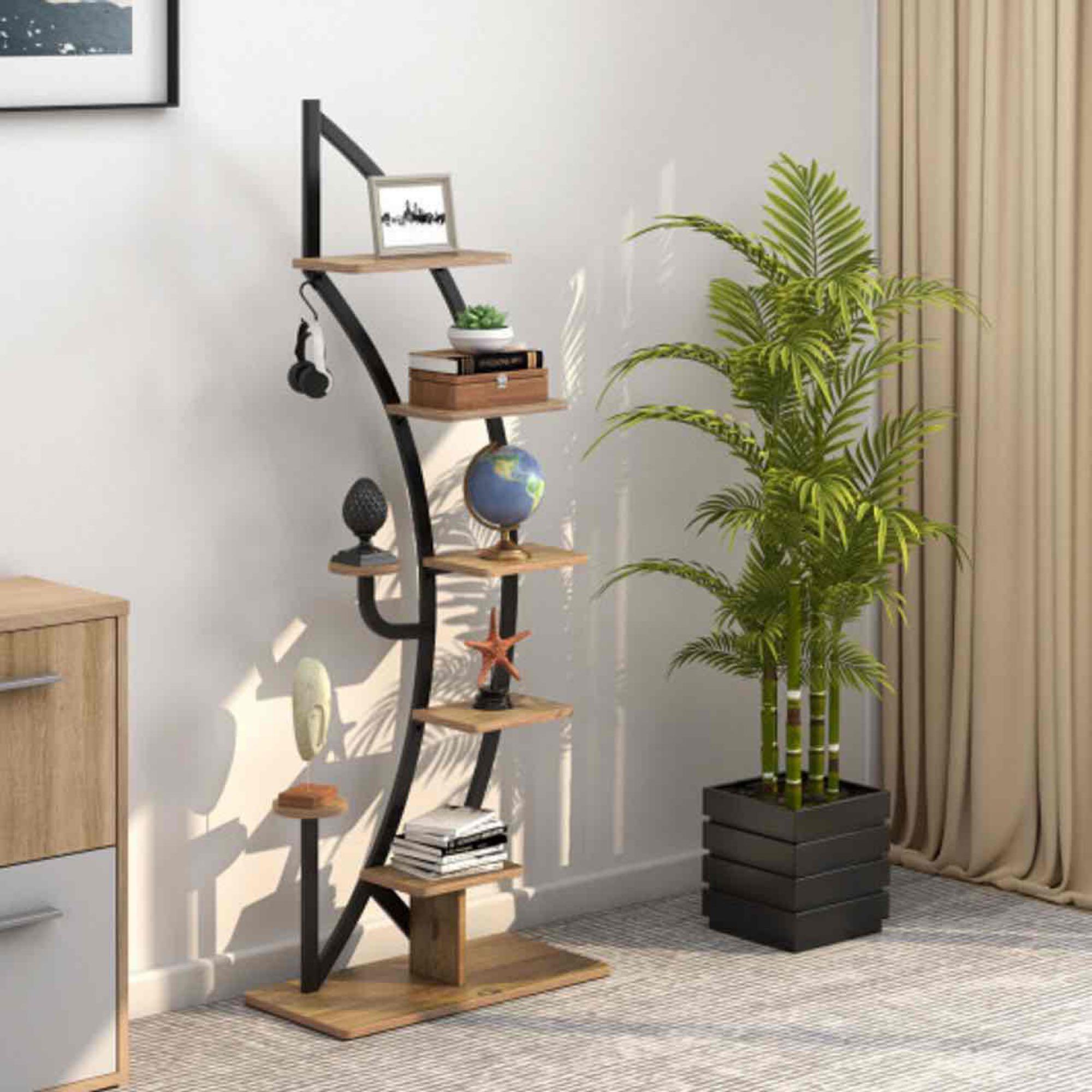 6 Tier 9 Potted Metal Plant Stand Holder Display Shelf With Hook-Natural