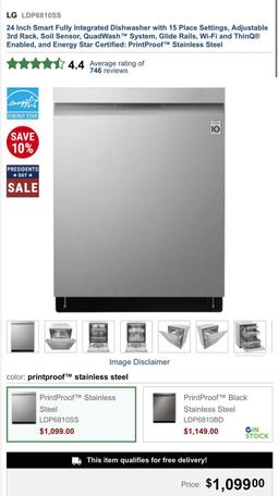 LG 24 Inch Smart Fully Integrated Dishwasher with 15 Place Settings, Adjustable 3rd Rack, Soil