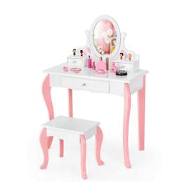 Kids Vanity Princess Makeup Dressing Table Stool Set With Mirror And Drawer-White