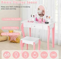 Kids Vanity Princess Makeup Dressing Table Stool Set With Mirror And Drawer-White