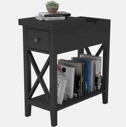 Convenience Concepts Tucson Flip Top End Table with Charging Station and Shelf, Electric, Black