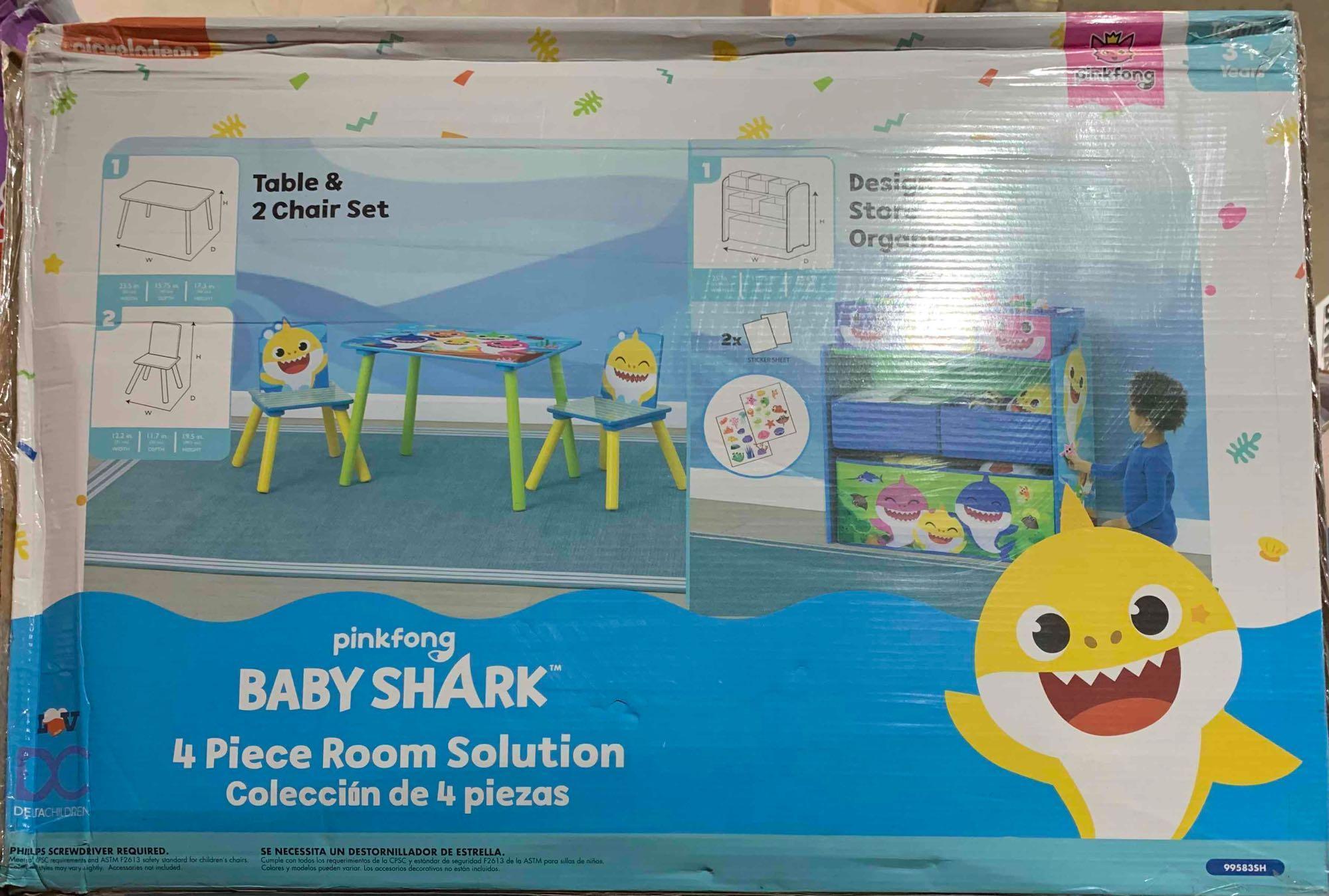 Baby Shark 4-Piece Playroom Solution by Delta Children Set Includes Table and 2 Chairs and 6-Bin Toy