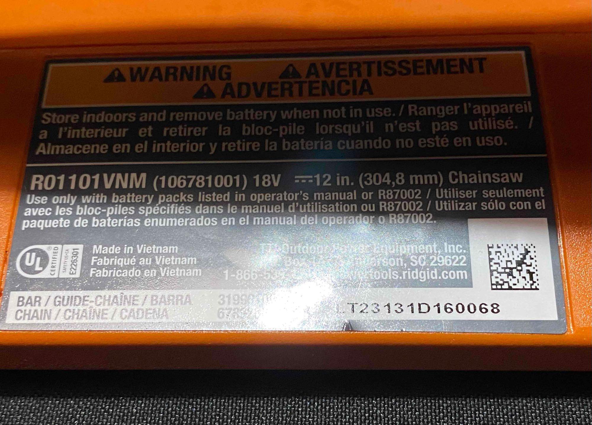 RIDGID 18V Brushless 12 in. Electric Chainsaw (Tool Only)