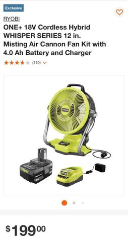 RYOBI ONE+ 18V Cordless Hybrid WHISPER SERIES 12 in. Misting Air Cannon Fan Kit