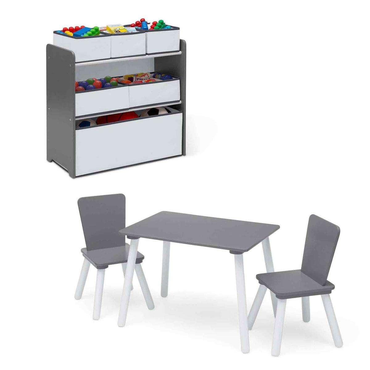 Play Table with Dry Erase Tabletop and 6 Bin Toy Organizer with Reusable Vinyl Cling Stickers,