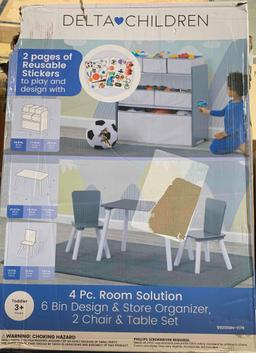 Play Table with Dry Erase Tabletop and 6 Bin Toy Organizer with Reusable Vinyl Cling Stickers,