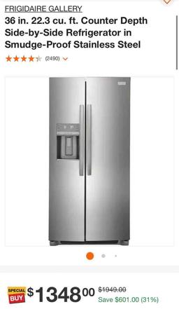 FRIGIDAIRE GALLERY 36 in. 22.3 cu. ft. Counter Depth Side-by-Side Refrigerator