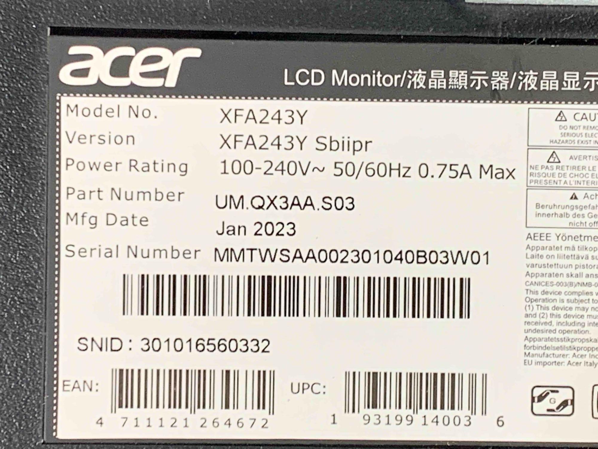 Acer Nitro XFA243Y Sbiipr 23.8 Full HD VA Gaming Monitor