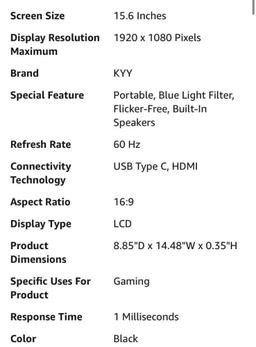 KYY Portable Monitor 15.6'' FHD 1080P USB C HDMI Gaming Monitor