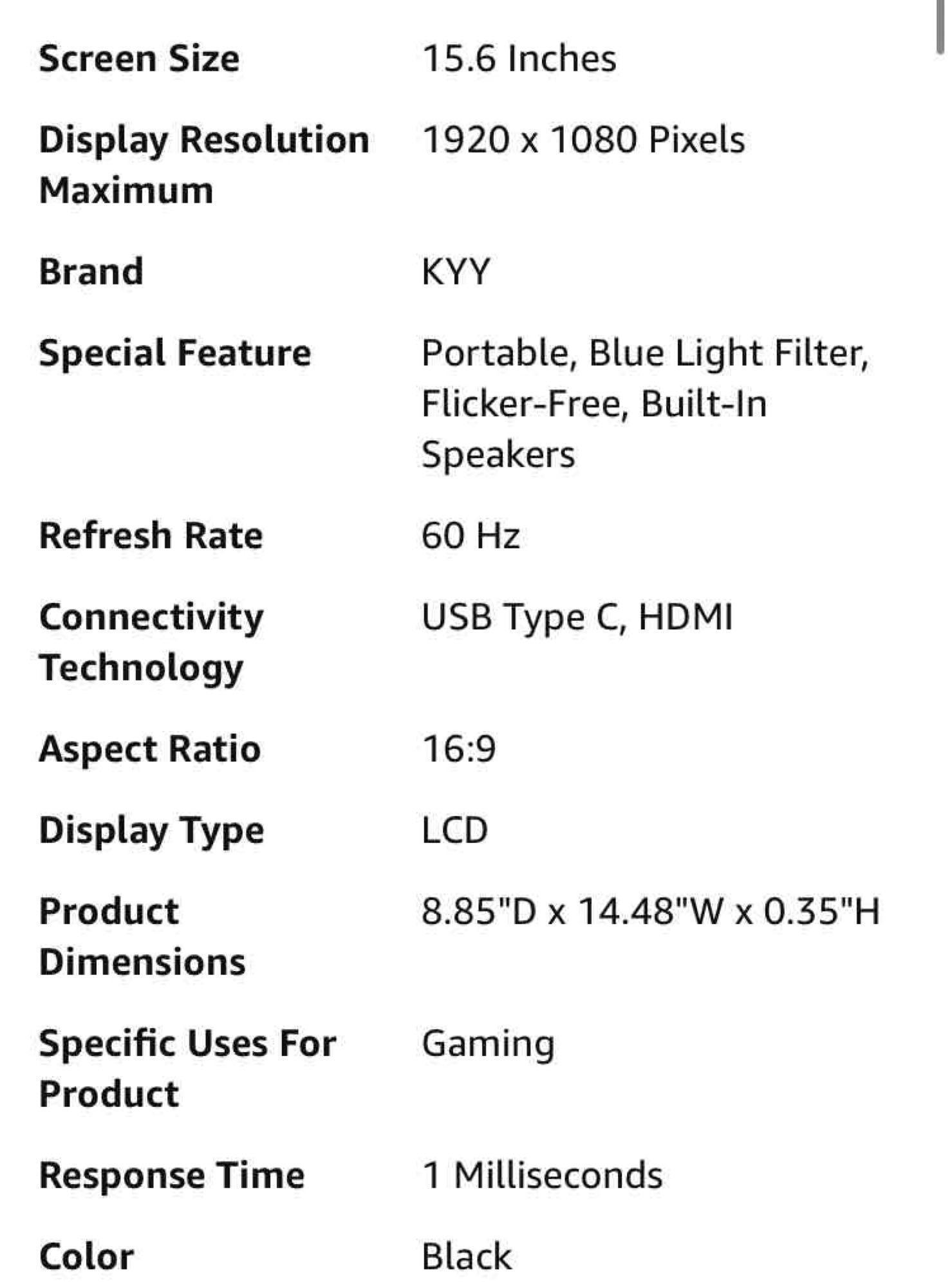 KYY Portable Monitor 15.6'' FHD 1080P USB C HDMI Gaming Monitor
