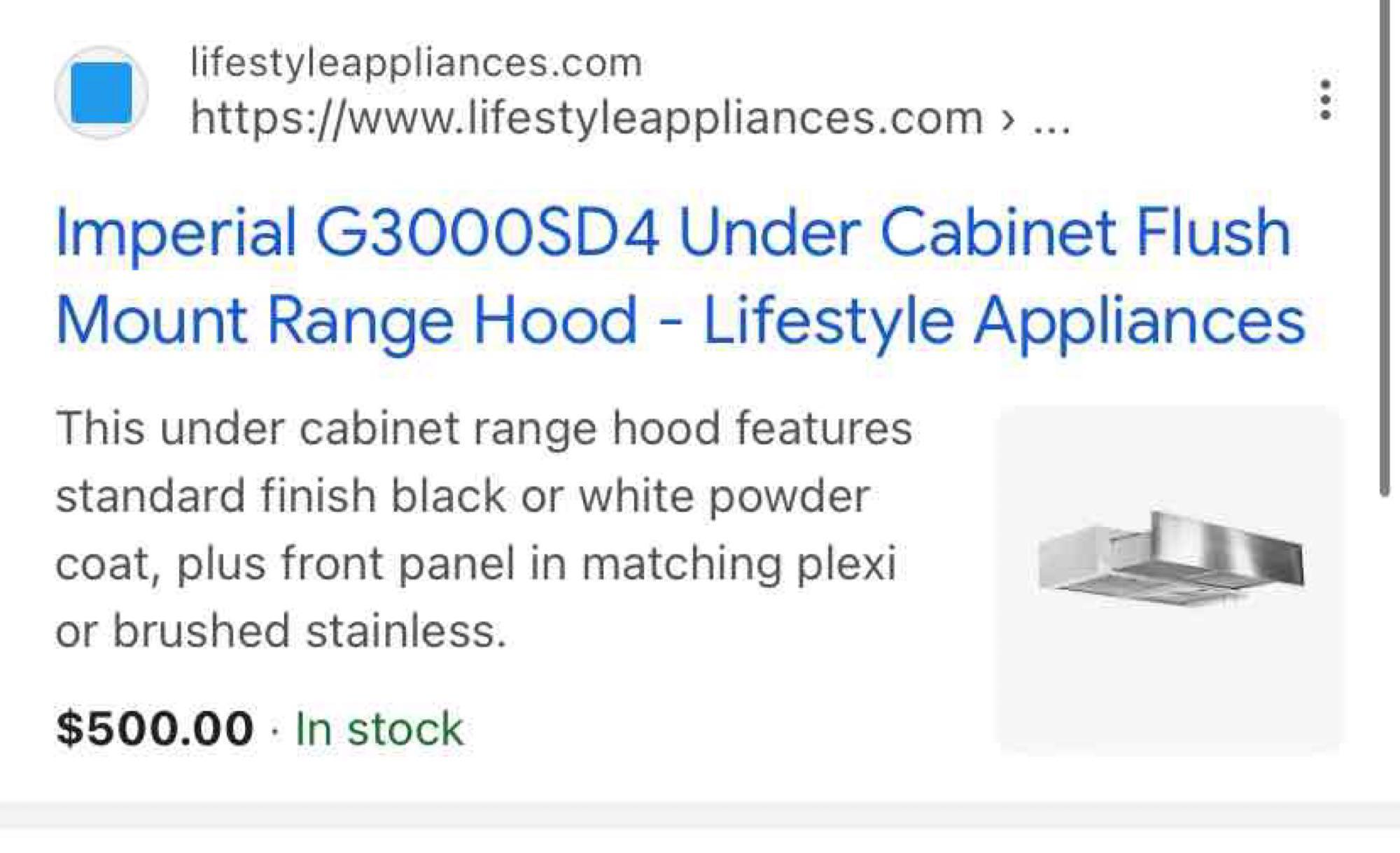 Imperial Flush Cabinet Mount G3000 Series Range Hood