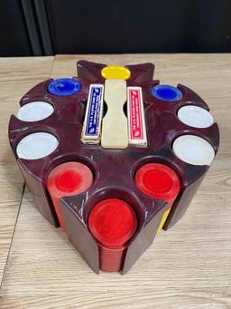 VINTAGE POKER CHIP CADDY WITH CHIPS