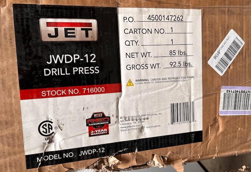 JET 12-Inch Variable-Speed Benchtop Drill Press, 1/2 HP, 1Ph 115V (Model JWDP-12)