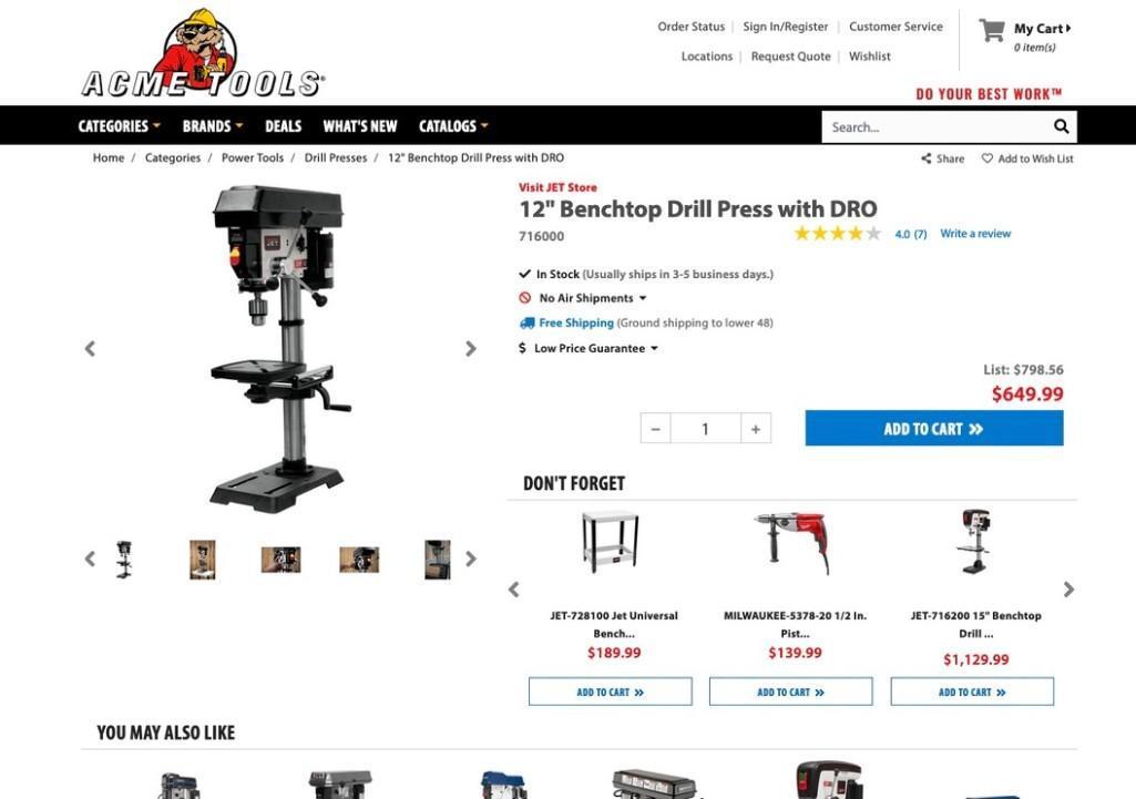 JET 12-Inch Variable-Speed Benchtop Drill Press, 1/2 HP, 1Ph 115V (Model JWDP-12)