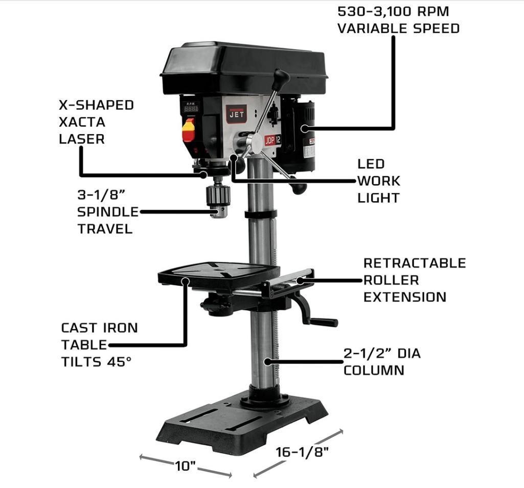 JET 12-Inch Variable-Speed Benchtop Drill Press, 1/2 HP, 1Ph 115V (Model JWDP-12)