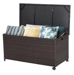 Costway 50 Gallon Patio Rattan Wicker Storage Deck Box Container Wheels W/Liner