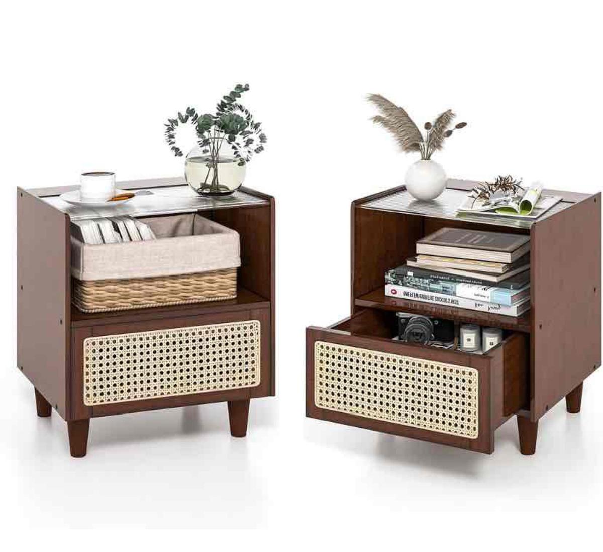 Giantex Rattan Nightstand with Drawer Set Of 2