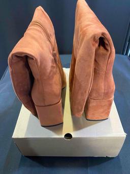 Rilista Womens Knee High Boots Block Chunky Heel Round Toe Suede Comfortable Side Zipper Winter Tall